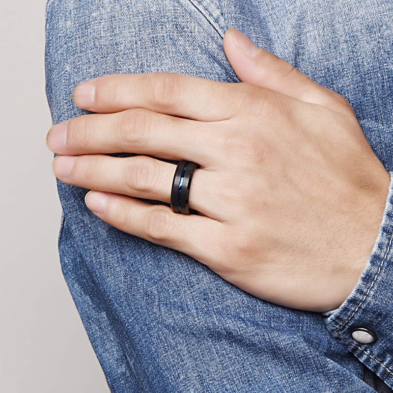 NUNCAD Tungsten Ring for Men Women Wedding Bands 4/6/8/10mm Width Multicolor Available Groove Beveled Edges Engraved I Love You Size 4 to 17,8mm Black Blue,Size 11.5 - Image 4